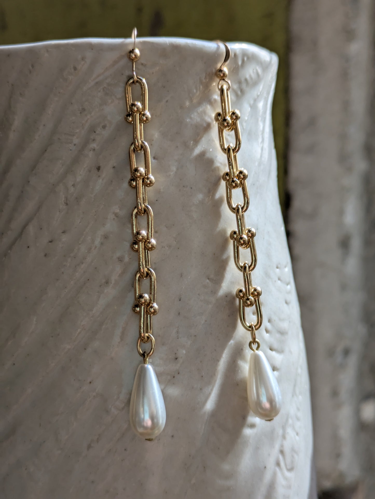 Sheila B. Gold Dumbbell Chain with Pearls Earrings