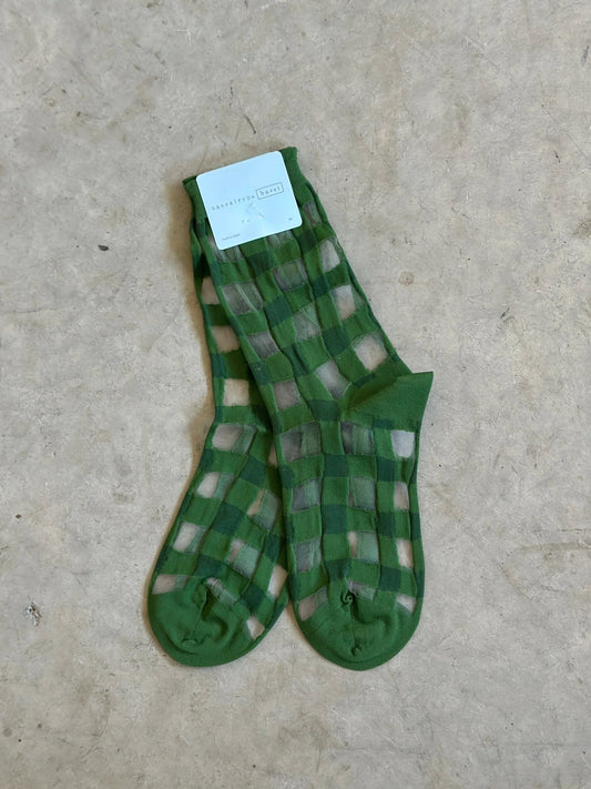 Green Gingham Sheer Crew Socks