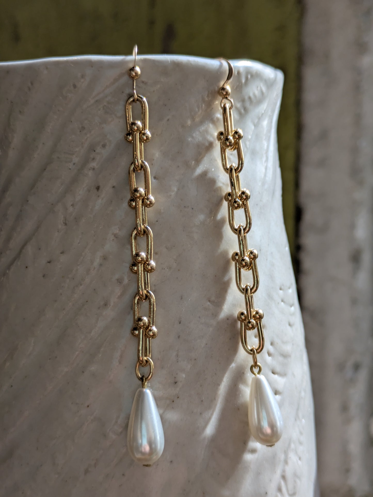 Sheila B. Gold Dumbbell Chain with Pearls Earrings