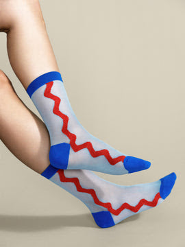 Zig Zag Sheer Crew Socks (Blue)